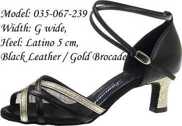 Dance Shoes Lady Latin Black Leather/GoldBrocade Wide Latino 5cm